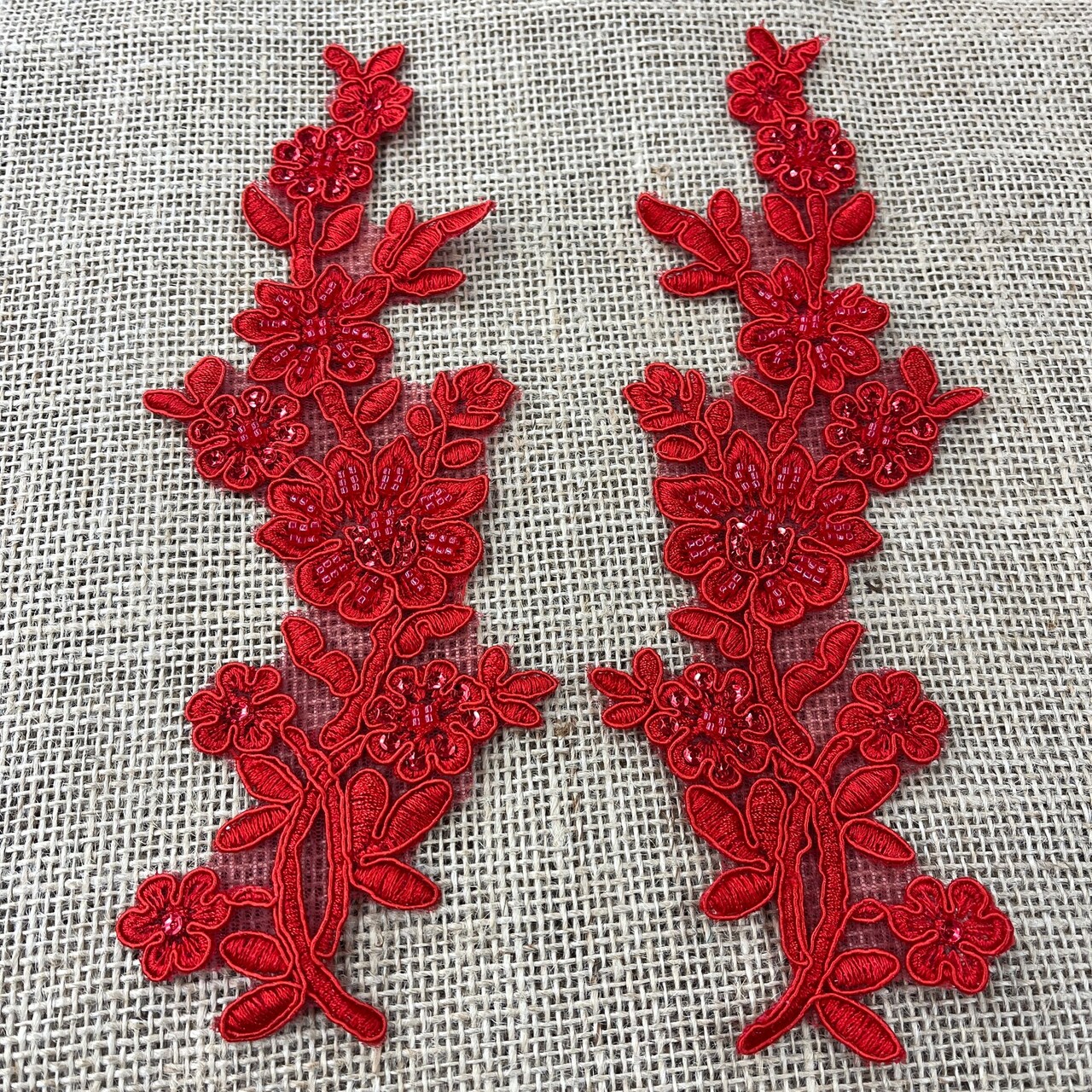 1 Pair Beaded & Corded Floral Lace Applique 10" x 2" Each Side